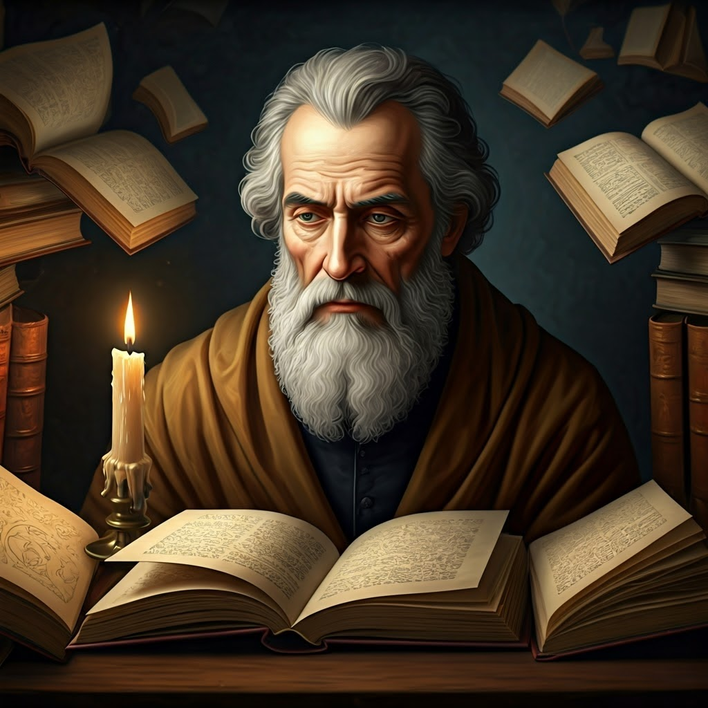 A thoughtful philosopher sits among open books as gentle candlelight illuminates floating symbols of inquiry.
