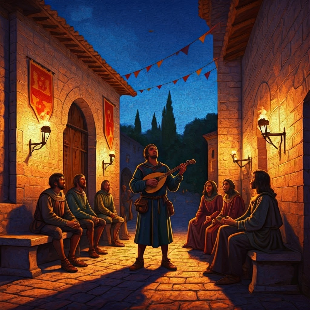 Southern French courtyard where a trobairitz sings and plays a lute for attentive courtiers.