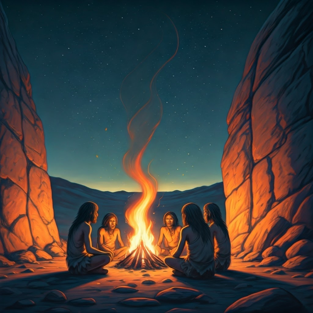 Early humans share awe and fear around a bright fire beneath a star-filled sky, shadows dancing on ancient rocks