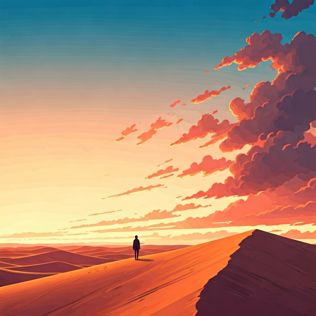 Sunset light travels through thick air, scattering blues away and leaving warm reds near the horizon