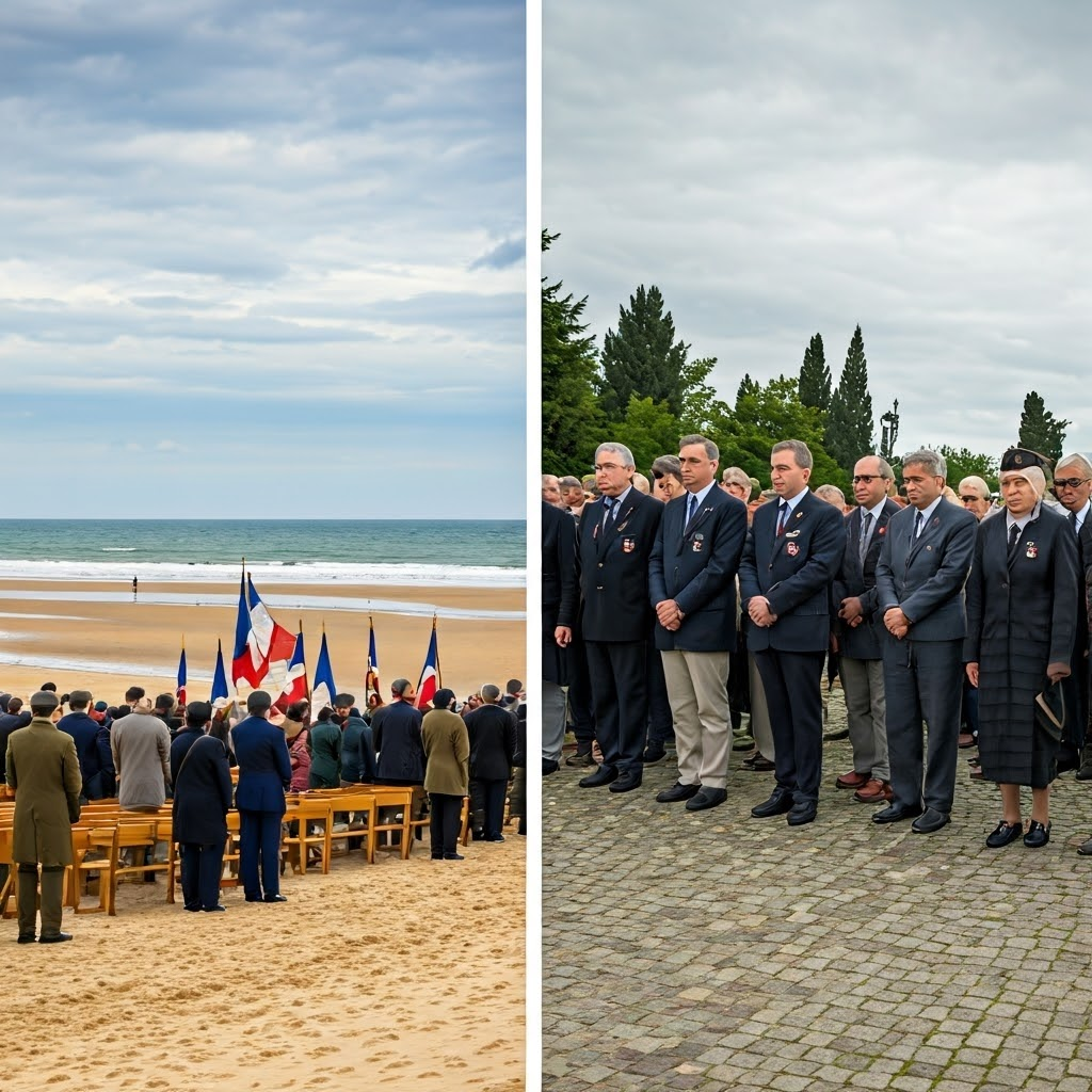 Watercolor diptych: left shows a Normandy beach ceremony, right an Eastern European memorial, both under gray skies