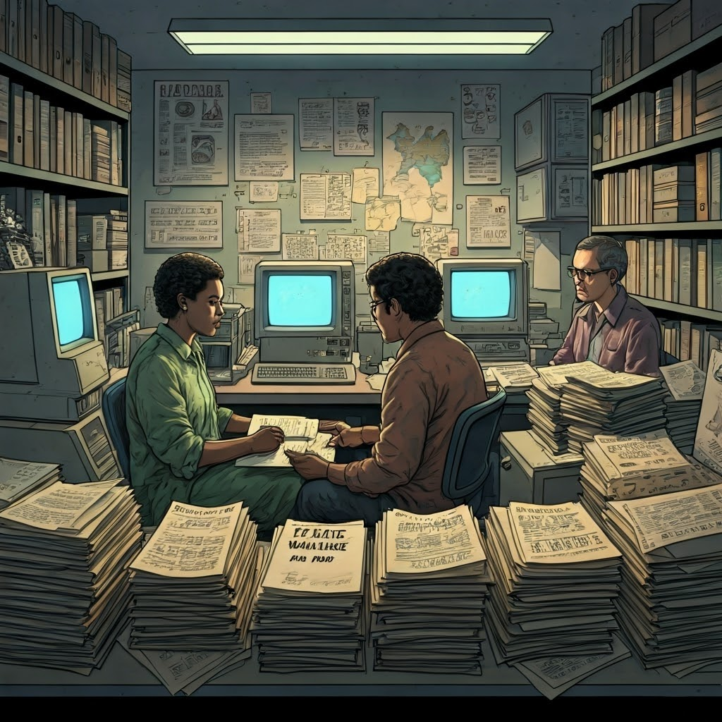 Researchers analyze maps and data for the 1987 Toxic Wastes and Race report inside a busy community workspace