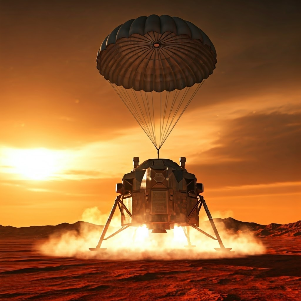 A parachute opens while retrorockets fire as a crew lander settles onto dusty Mars.
