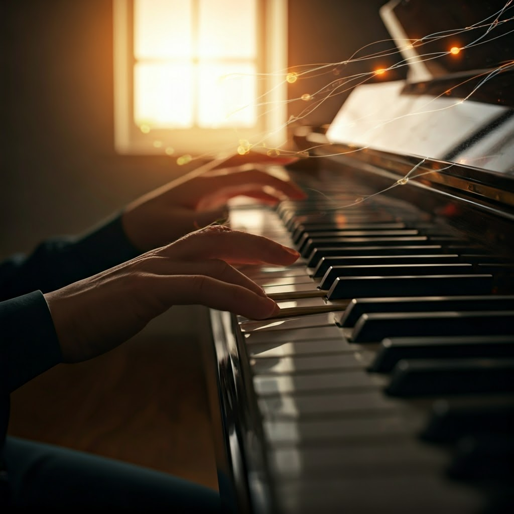 Pianist’s hands above keys with neon pathways mirroring each finger’s movement, blending music and neural growth.