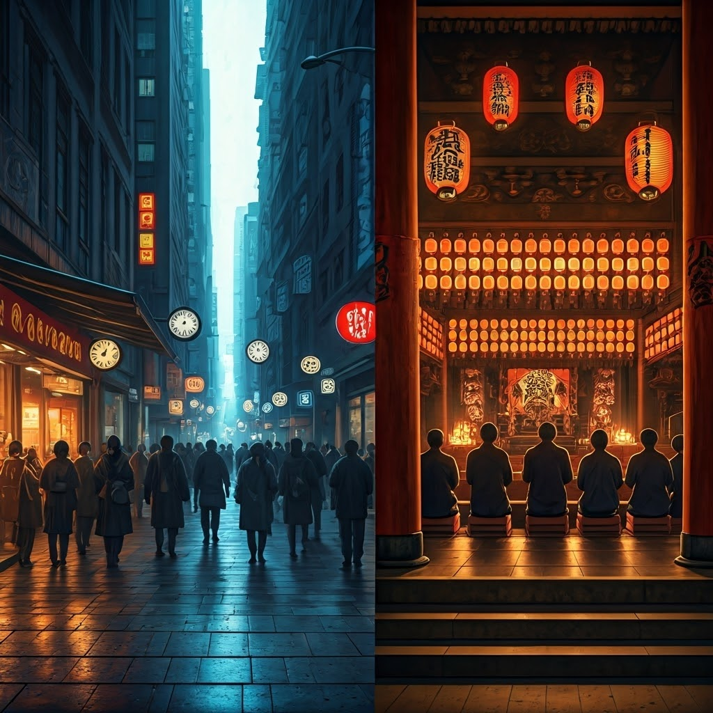Split image: a busy city street with digital clocks contrasts a quiet lantern-lit temple interior.