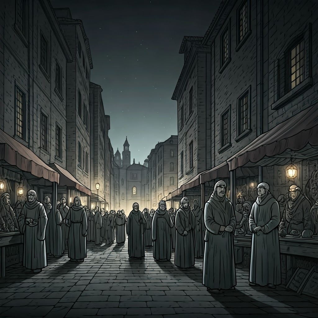 Noir-style market square at dusk, shoppers and saints share real emotions amid tall stone buildings and stark lighting contrasts