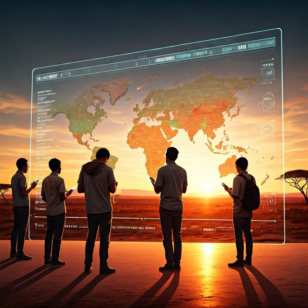 A dynamic crowd-sourced crisis map displayed on a large transparent screen, red, yellow, and green markers pinpointing global hotspots. Activists of various backgrounds stand around, some texting, some pointing at locations. The background hints at the Kenyan landscape with acacia trees at sunset. Warm earth tones blended with digital holographic overlays. Style: mixed media tech art blending watercolor textures with interactive HUD elements.