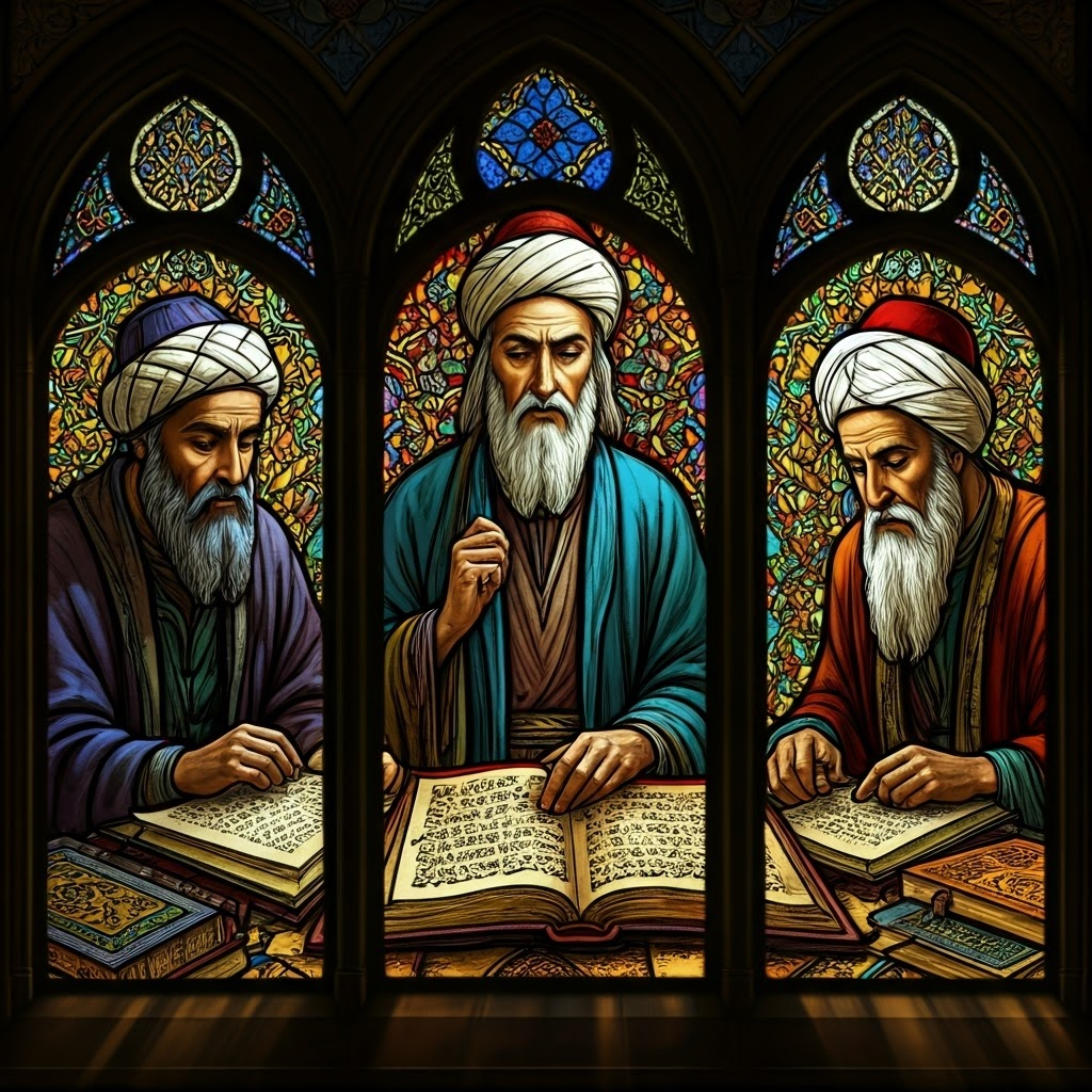 Colorful stained-glass panels symbolize interfaith scholars collaborating to translate Greek, Persian, and Indian works into Arabic