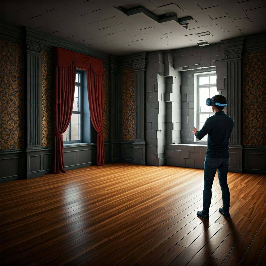 Grey blocks transform into a richly detailed chamber as a VR user looks on in awe