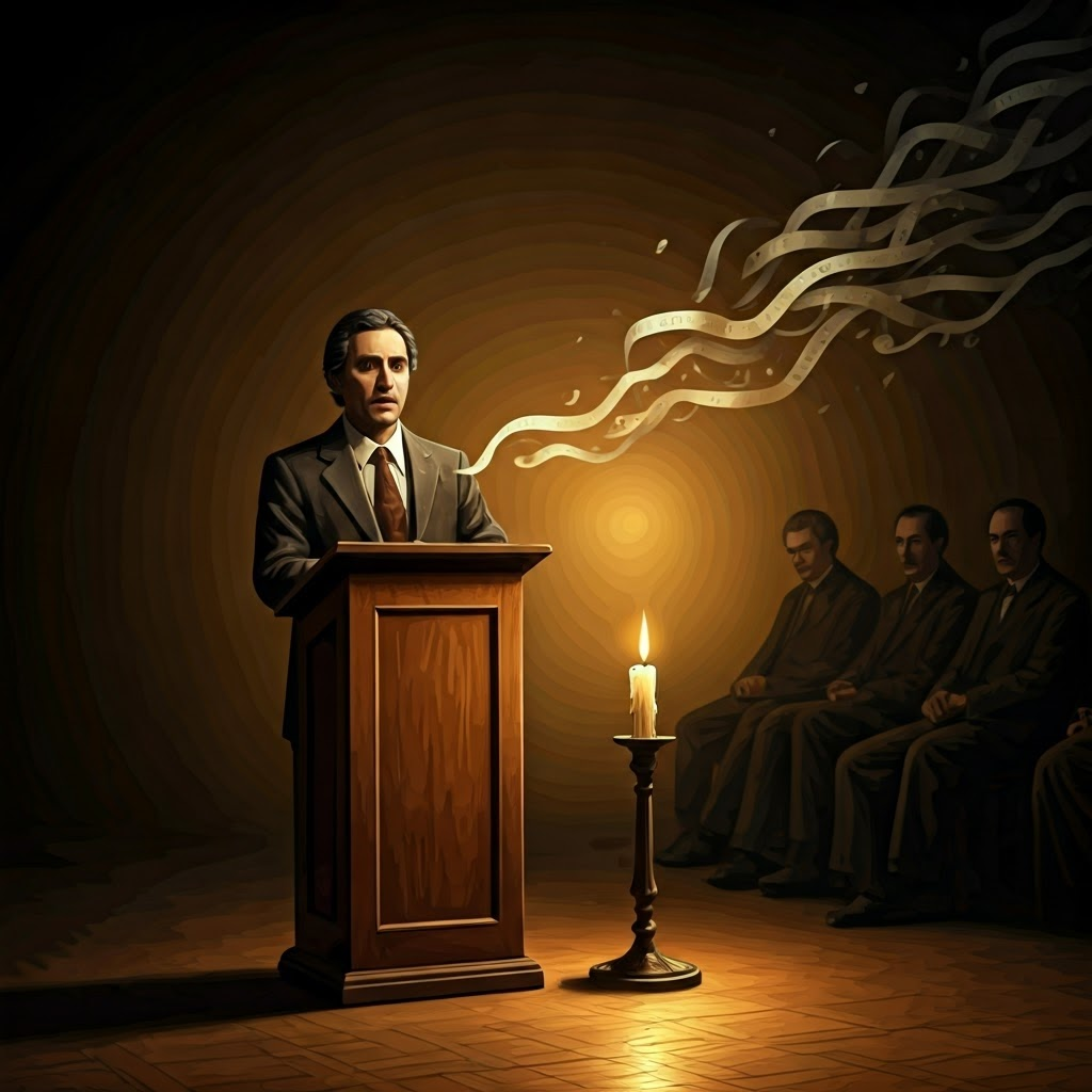 Neo-classical painting of a solemn speaker at a podium, lone candlelight illuminating drifting text ribbons in a dark hall.