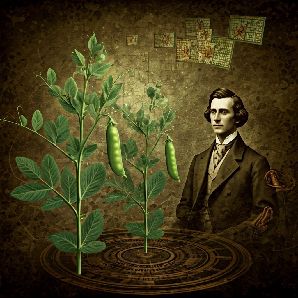 Steampunk portrait of Gregor Mendel beside glowing pea plants and DNA icons