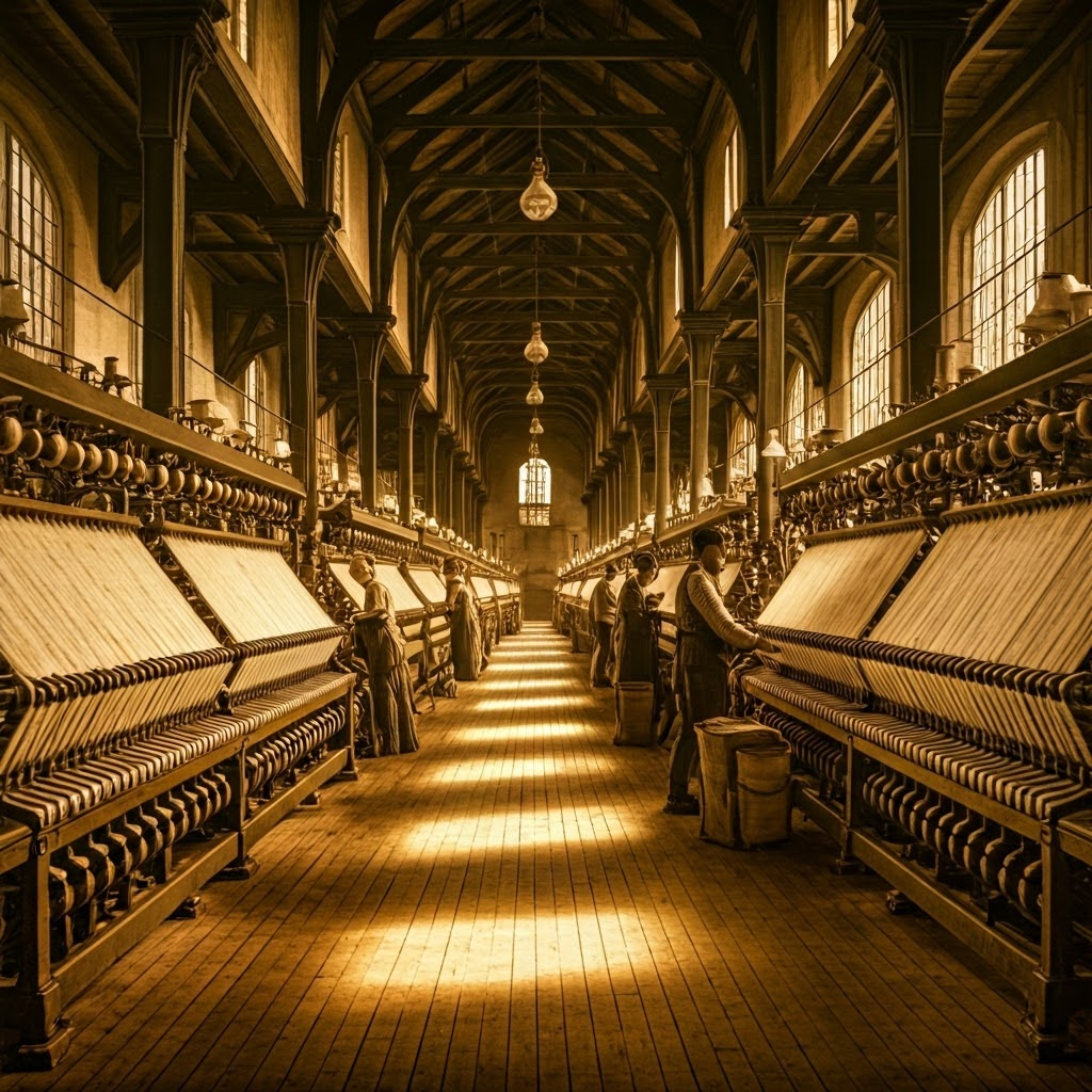 Early 1800s British textile mill filled with spinning machines, showcasing the power of the first Industrial Revolution.