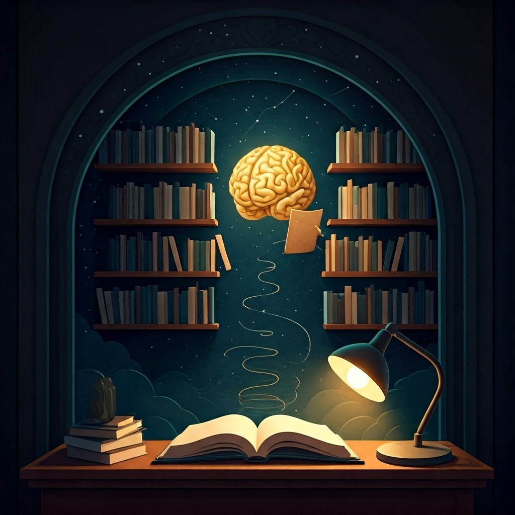 Giant hippocampus librarian files glowing books onto cortical shelves, representing memory consolidation