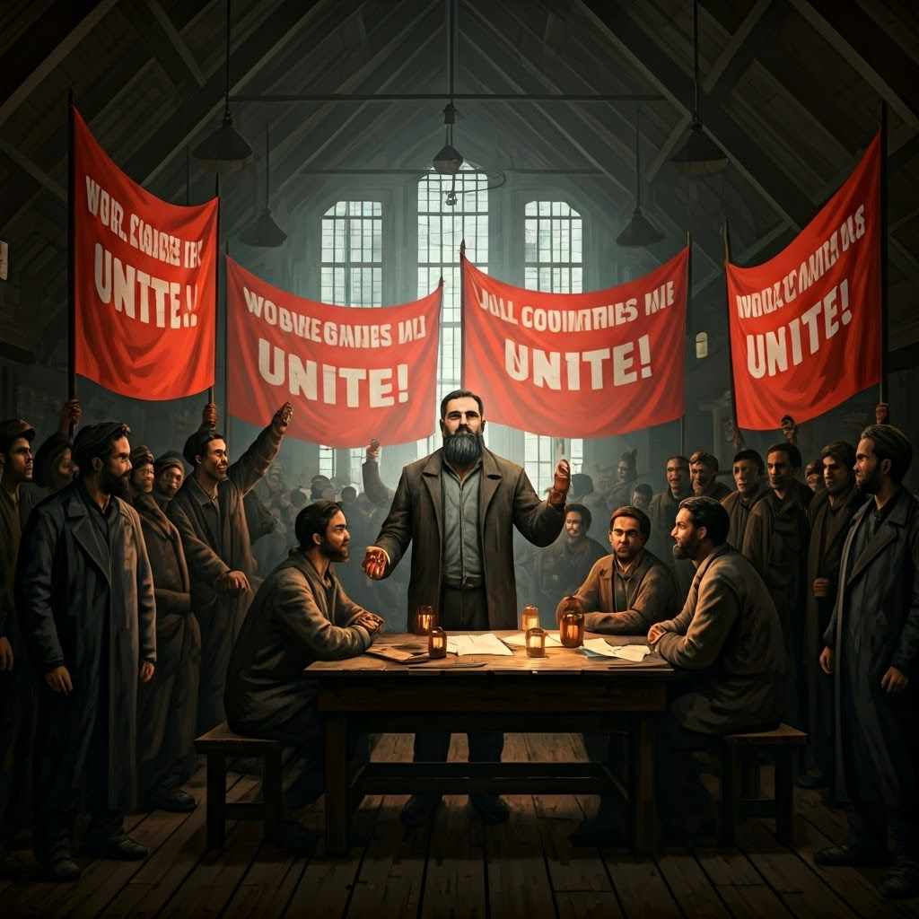 Street-art scene inside a smoky workers’ hall where activists wave red banners urging world-wide worker unity, faces lit by kerosene lamps.