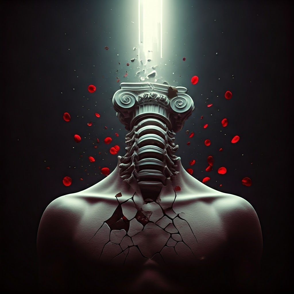 Surreal torso showing a fractured pillar for a spine, symbolizing chronic pain and endurance