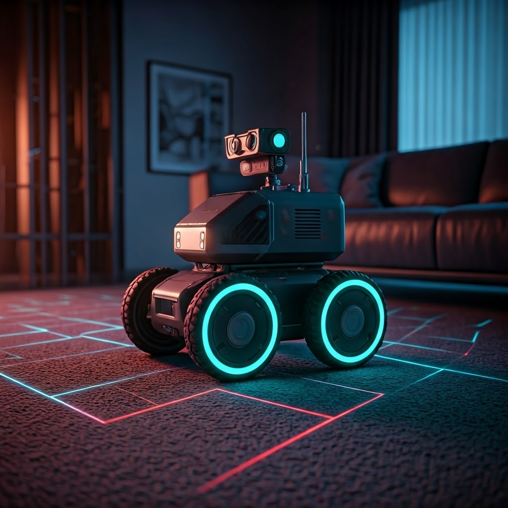 Sleek wheeled robot scans a modern living room, overlaid with a glowing grid that blends real and virtual mapping for precise navigation insight