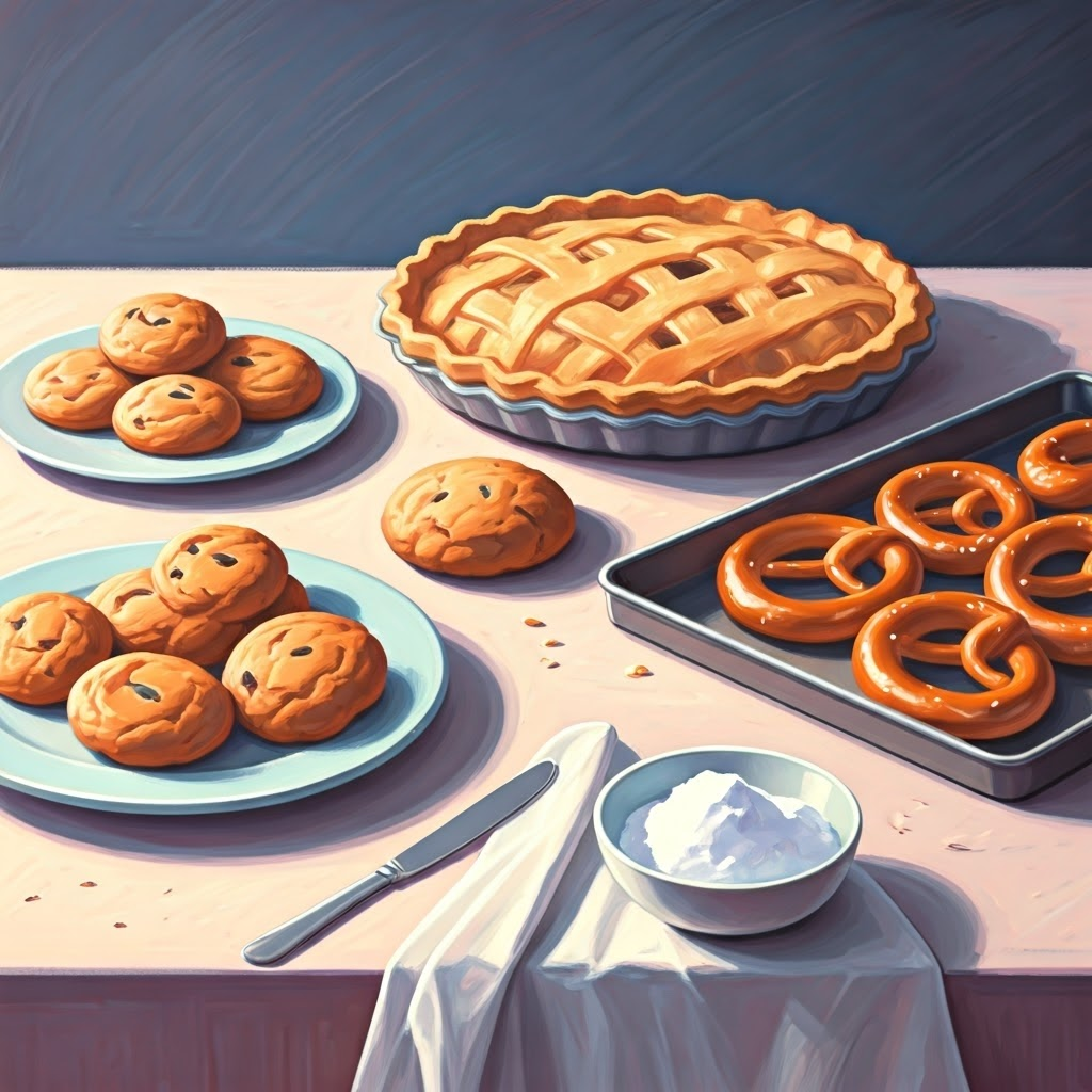 Soft pastel illustration of cookies, pie crust, and pretzels with a small bowl of baking soda solution, showing how bases aid browning and texture