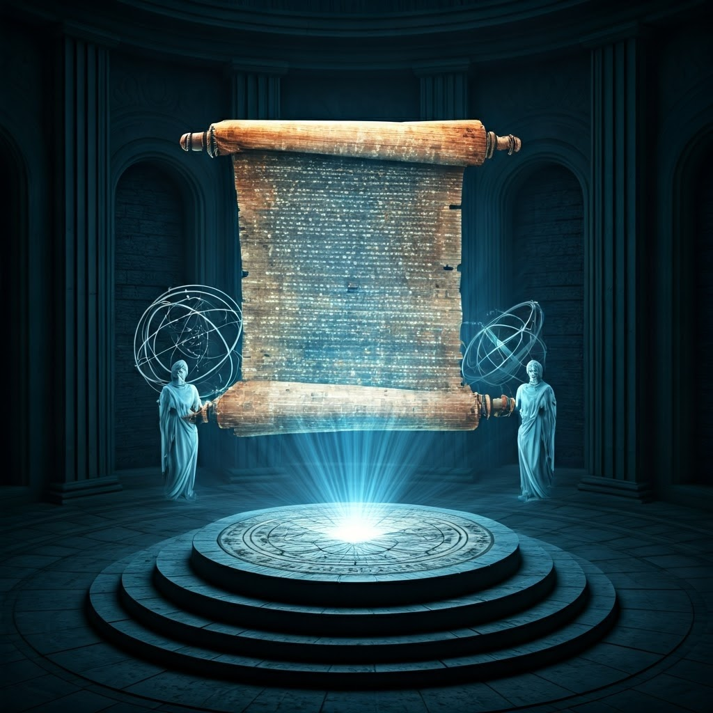 Ancient scroll projected as futuristic hologram, bridging past scholarship with modern science.