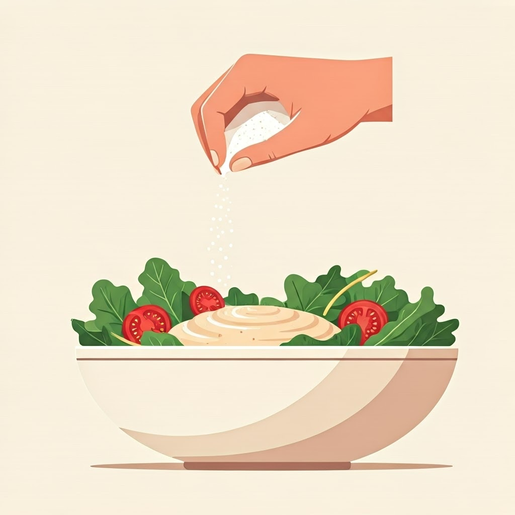 Hand sprinkles xanthan gum over salad dressing to thicken it.