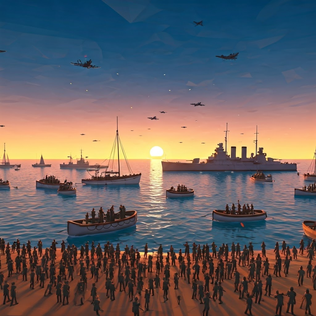 Small boats crowd Dunkirk’s shore under looming enemy aircraft, reflecting desperate yet hopeful evacuation efforts.