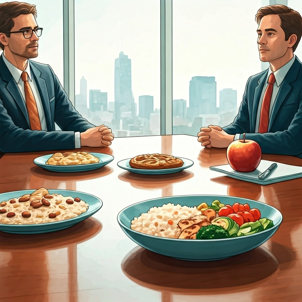 Modern meeting room table set with oatmeal, nut-topped apple slices, and brown rice bowls while professionals stay alert.