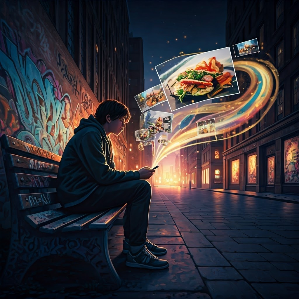A young urban explorer sits on a graffiti-covered bench at dusk, holding a smartphone that projects swirling images—paintings, selfies, food shots—into the air. Bright neon hues and soft golden glows mix as virtual art streams past the viewer’s eyes. Style: avant-garde digital mural with bold brush strokes and cinematic lighting that blur the boundary between physical cityscape and ephemeral digital stream, evoking wonder and immediacy.