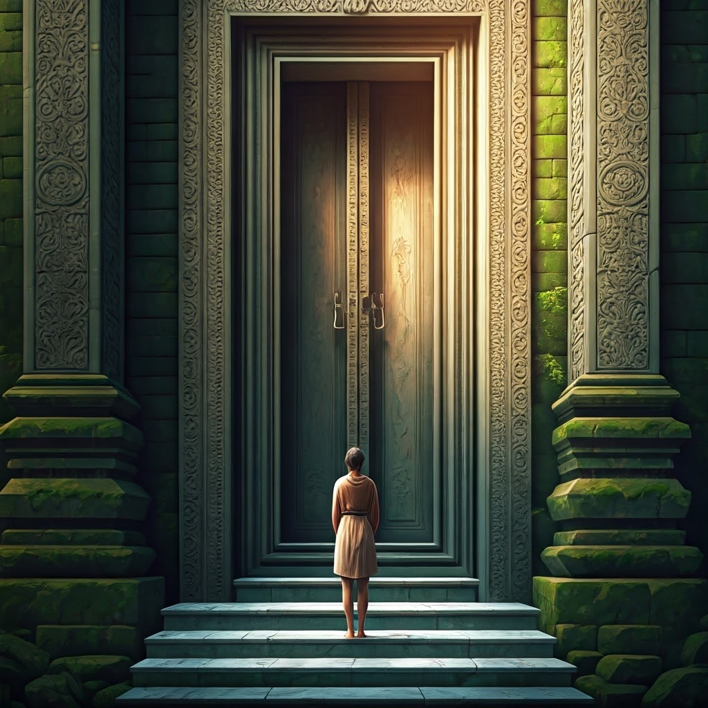 Person pauses barefoot at dawn on a temple’s marble threshold, pastel light revealing carved doors
