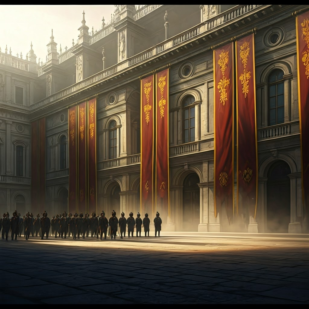 Majestic palace facade showing hairline cracks that hint at decay and unrest, illustrated in dramatic post-apocalyptic baroque style.