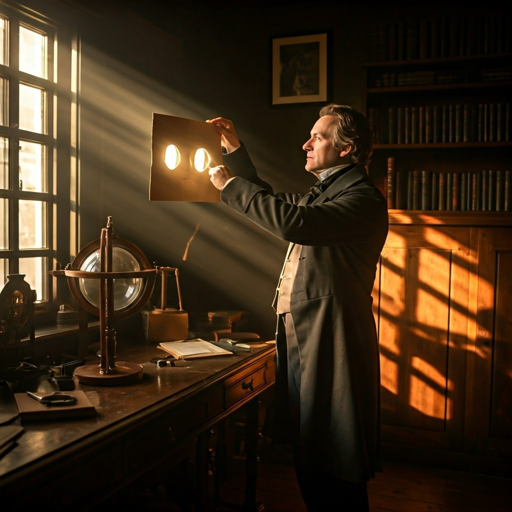 Thomas Young stands in a dim 19th-century study, holding a twin-slit card in a sunbeam to test the nature of light