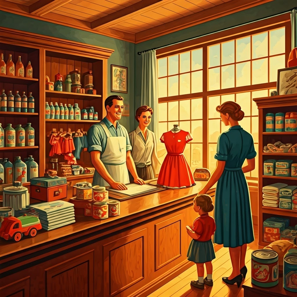Bold 1940s-style general store where shoppers browse toys, tablecloths, and canned goods under bright sunlight.
