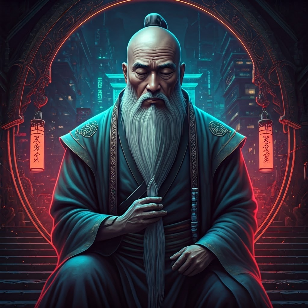 A cyberpunk-inspired depiction of an ancient scholar pondering old beliefs in a futuristic setting