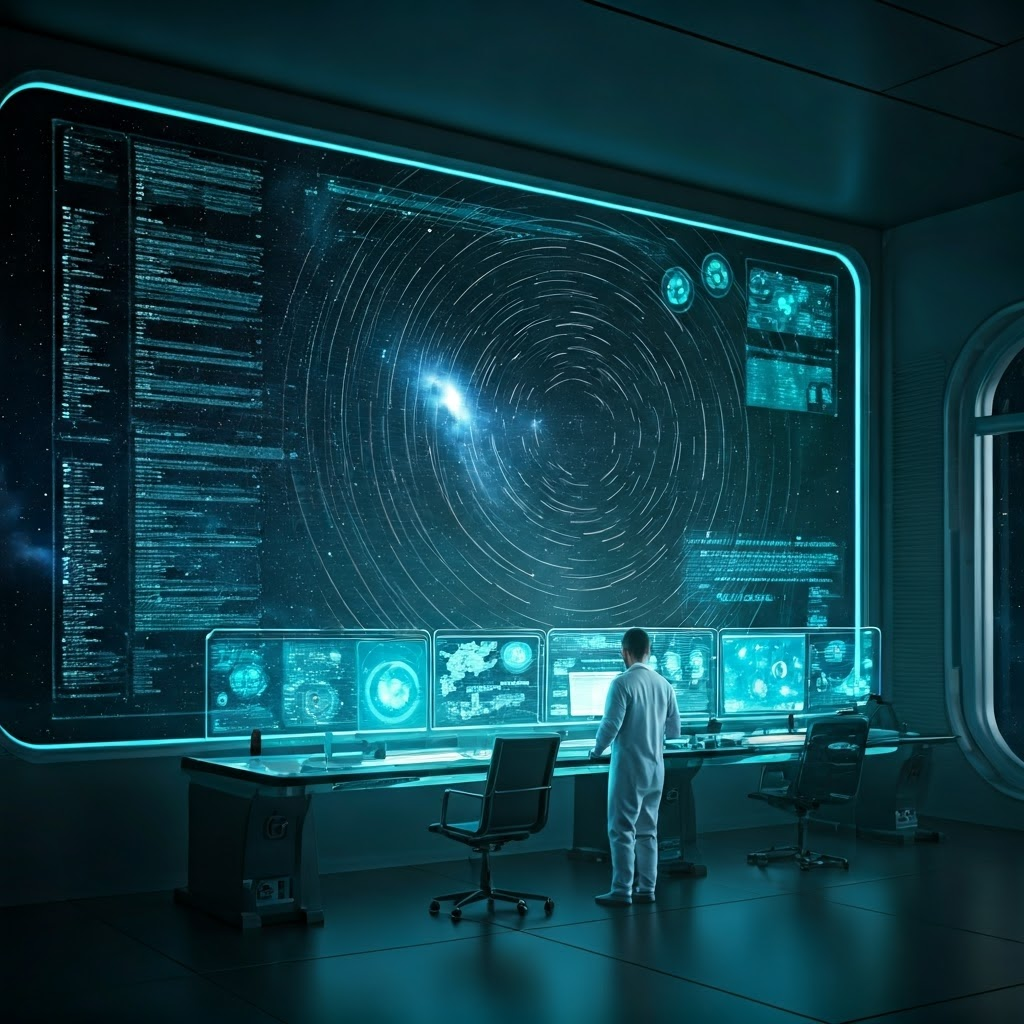 Modern lab with holographic 3-D map of the Milky Way, scientists analyzing star-motion data
