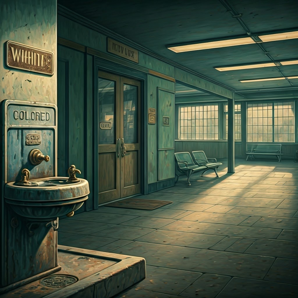 Separate “Colored” and “White” signs on fountains, diner doorways, and hospital benches highlight the pervasiveness of Jim Crow segregation.