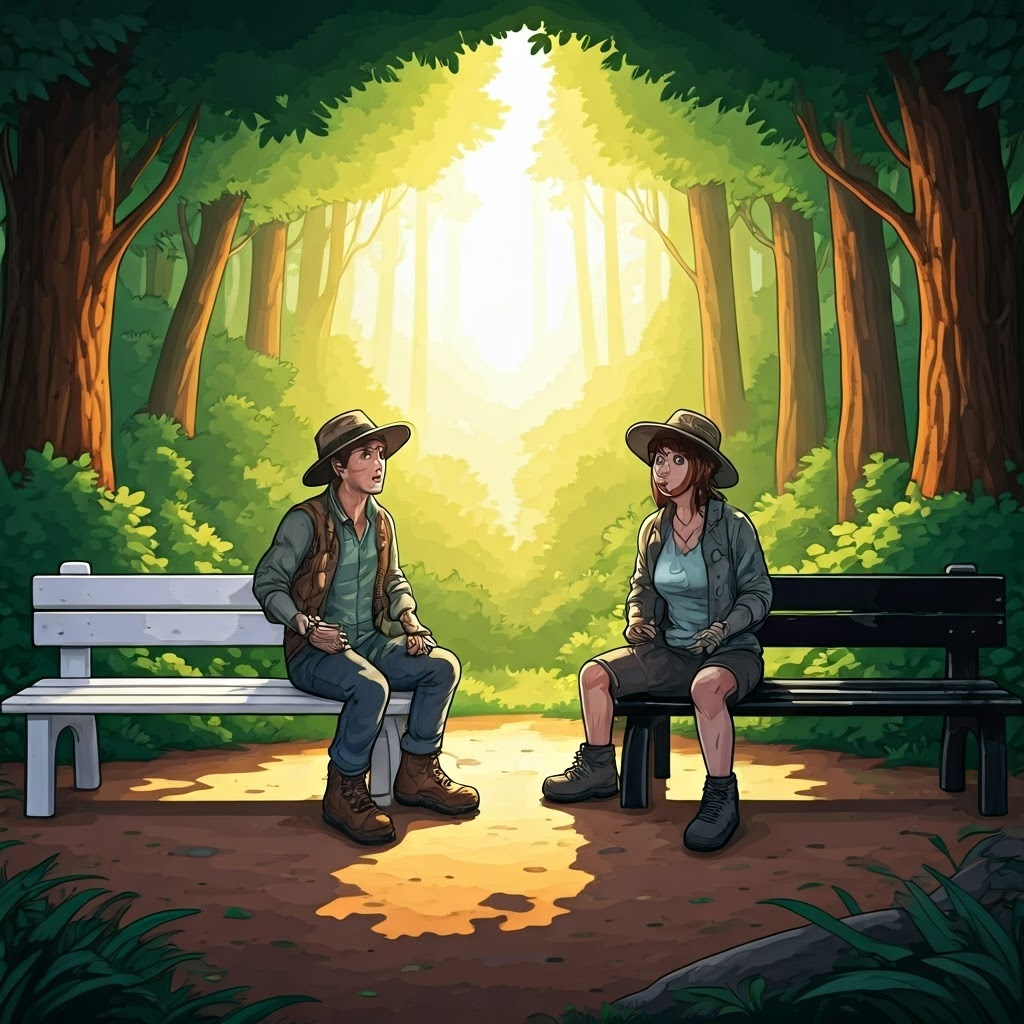 Two friends test heat on white and black benches under sunlight.