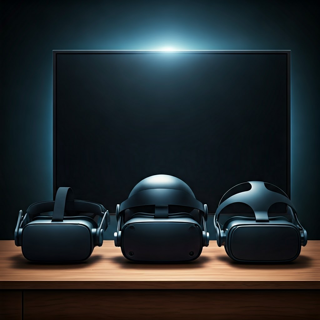 Side-by-side comparison of tethered, standalone, and mobile VR headsets on a table.