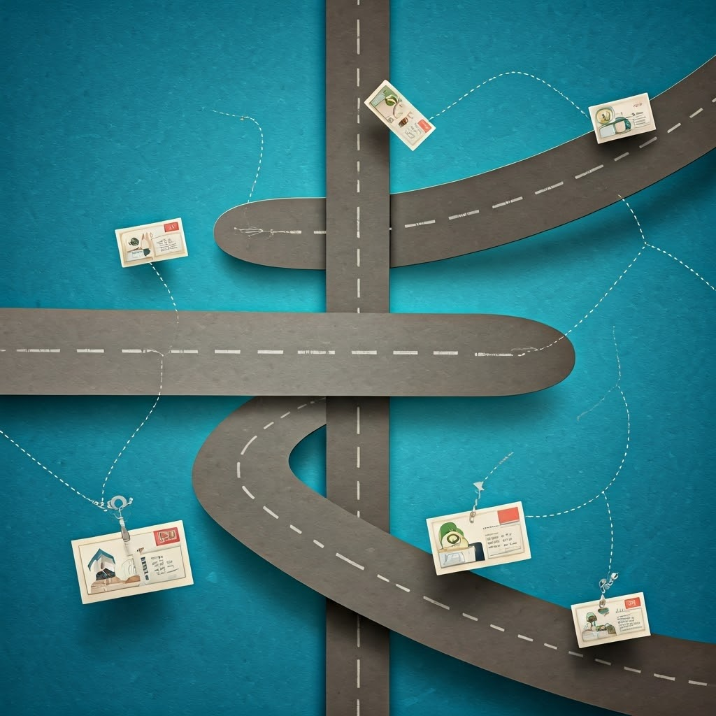 Playful collage of colorful postcards racing along roads to illustrate packet switching.