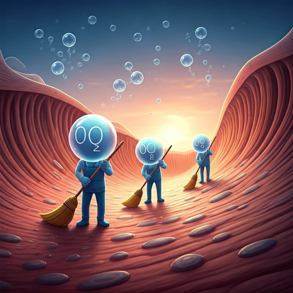 Whimsical scene of oxygen bubbles sweeping away lactate from a muscle landscape.