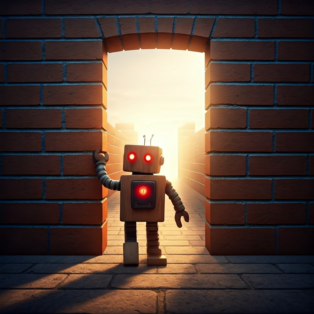 Small wooden robot bumping a wall at a maze entrance, flashing sensors warning of impact
