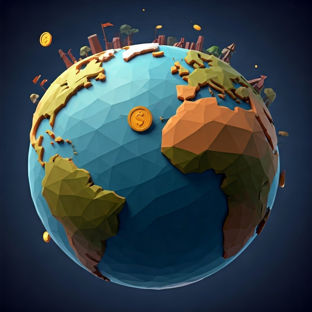 Low-poly globe with coins crossing borders freely, envisioning bank-free global transactions