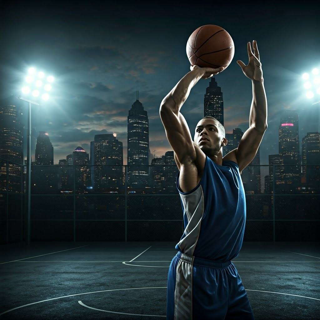 Focused basketball player releasing a jump shot at dusk on an empty city court, neon skyline glowing behind, sweat catching dramatic side-light, capturing a cinematic moment of pure concentration