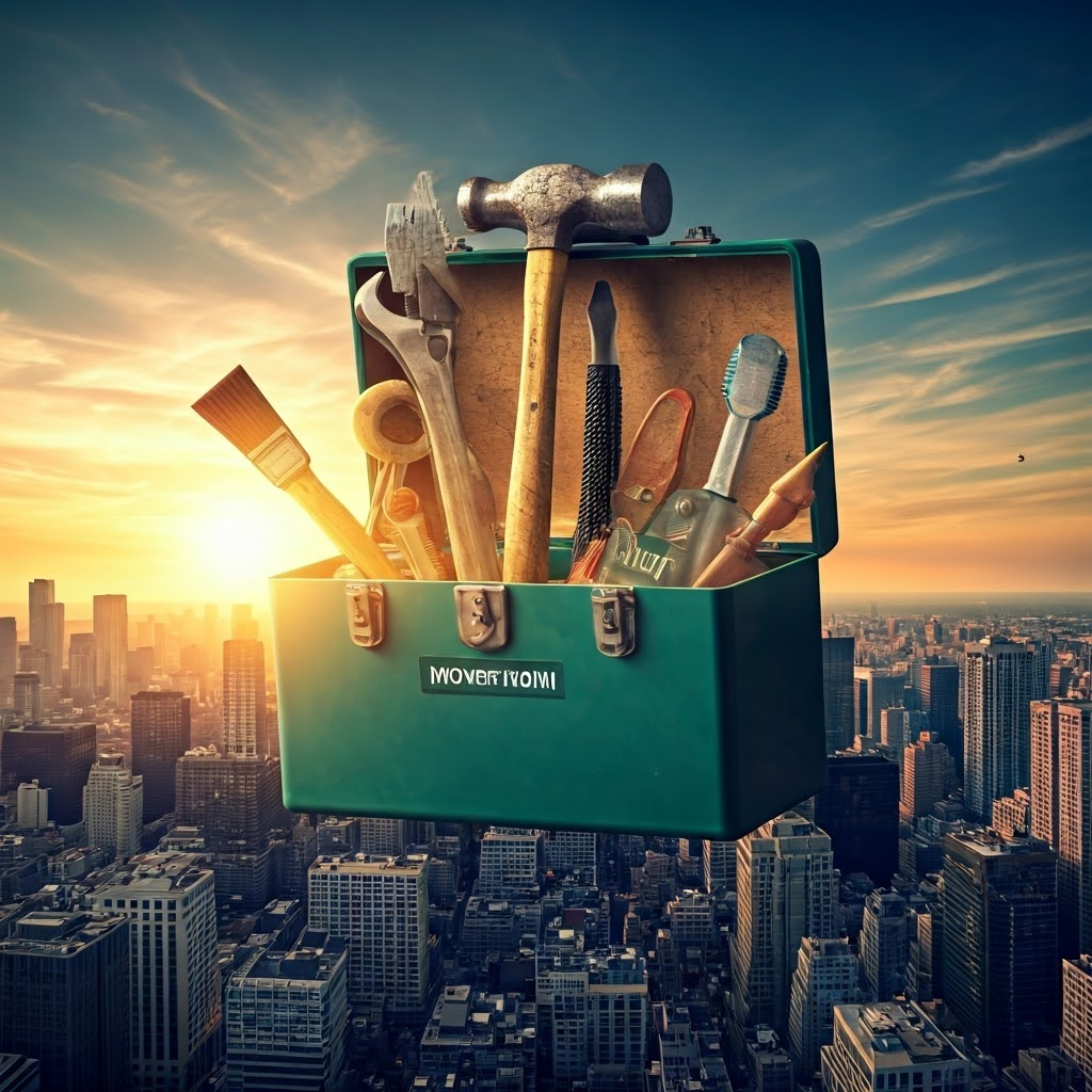 Surreal toolbox floating above a city, with tools labeled as different neurotransmitters