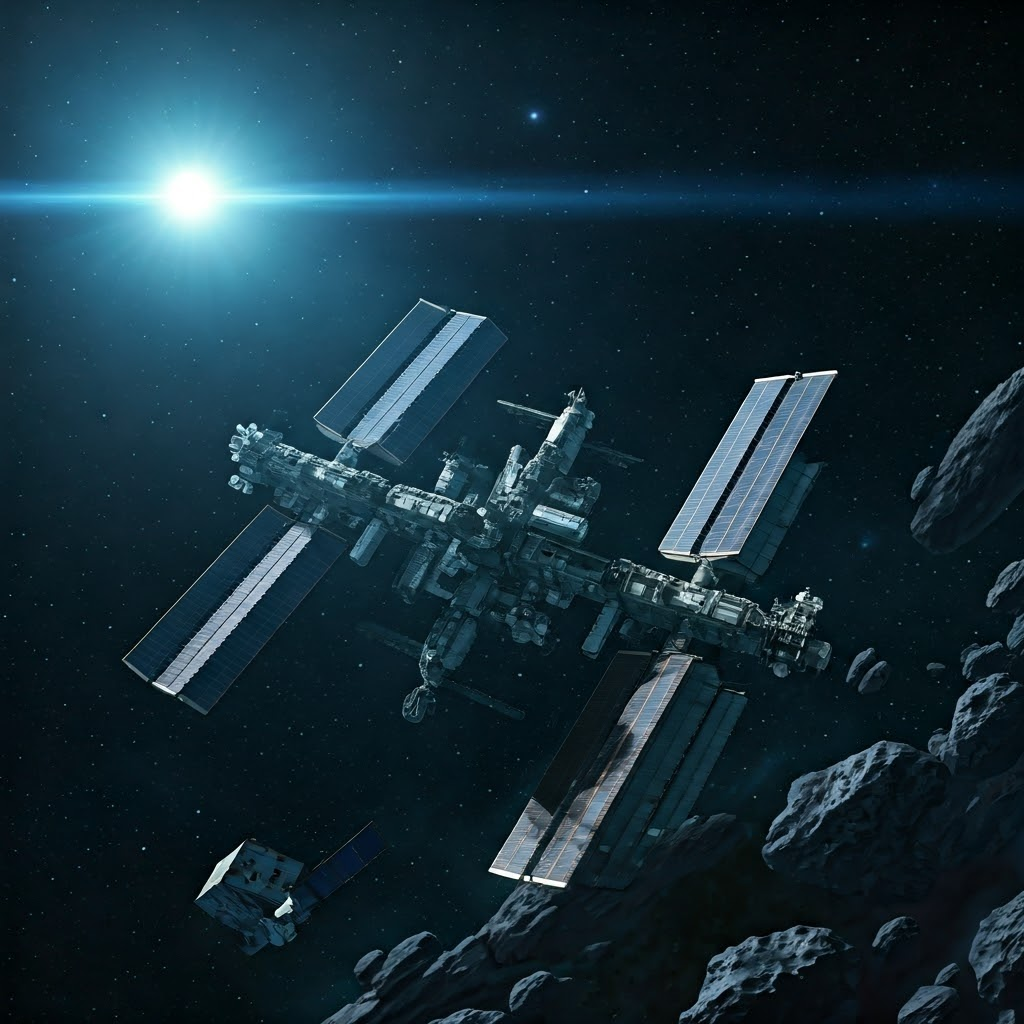 International Space Station with rotating solar wings next to a small fixed-panel satellite, showing scale and design choice