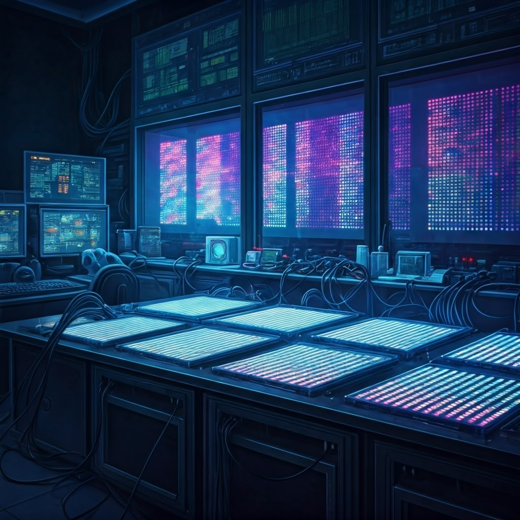 Futuristic sequencing lab with glowing slides and synchronized LED flashes showing massive parallel reads.