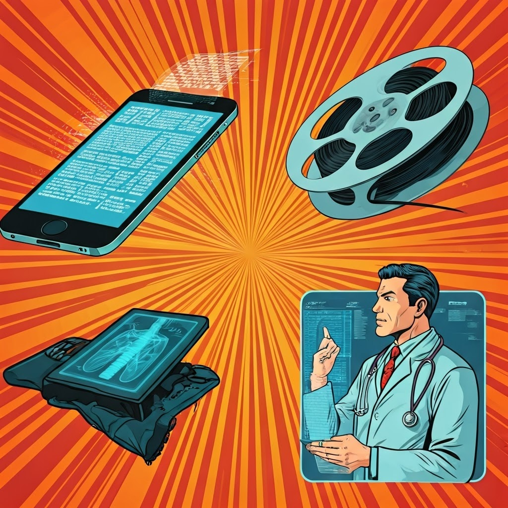Pop-art collage of a phone translating text, a film reel suggesting shows, and a doctor reading X-rays, showing AI in daily life