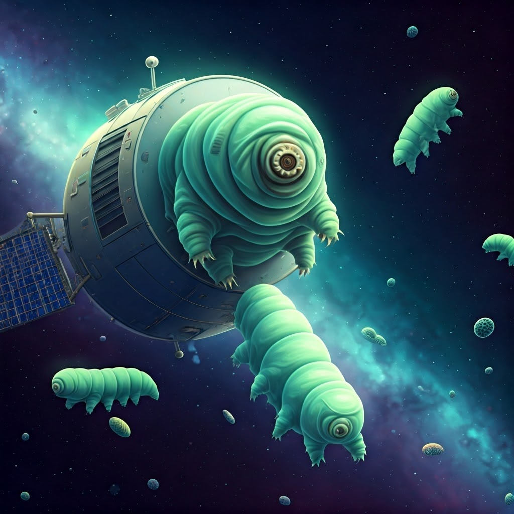 Whimsical illustration of tardigrades floating beside a satellite, symbolizing hardy microbes surviving in space.