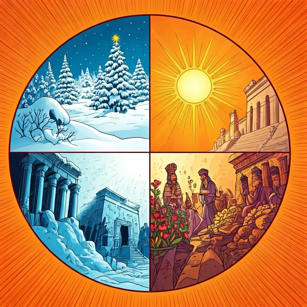 A stylized circular diagram of the sun’s yearly path, with panels showing festivals for each season.