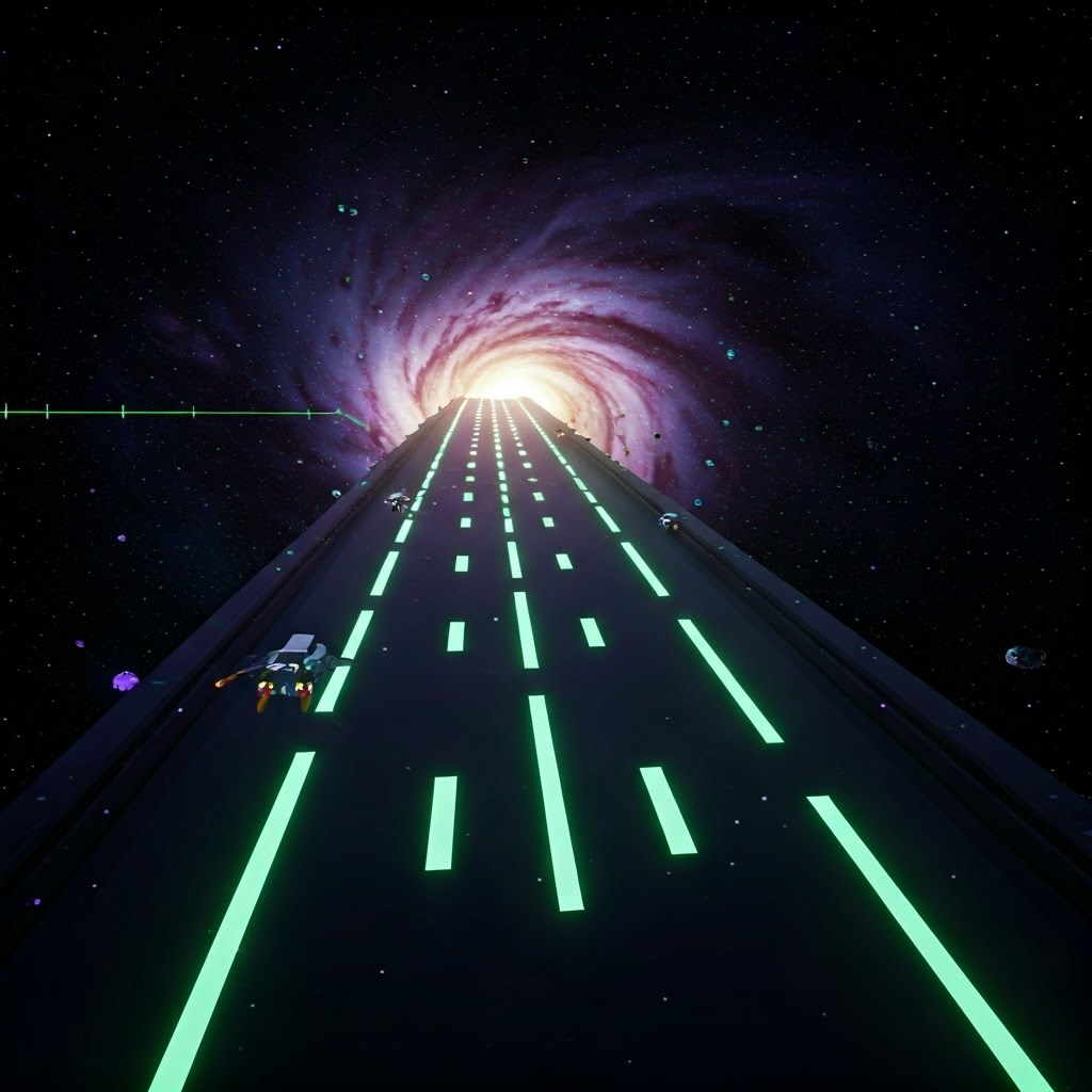 Neon lanes labeled with frequency bands carry tiny spacecraft past glitchy static, visualizing the choice of communication channels.