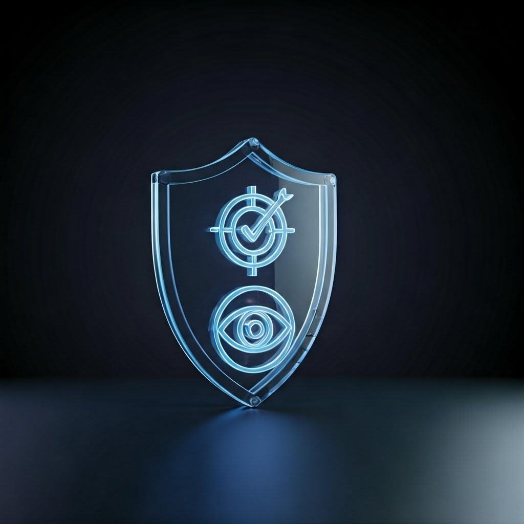 Neon shield of three overlapping discs for minimization, limitation, and transparency forming unified protection.