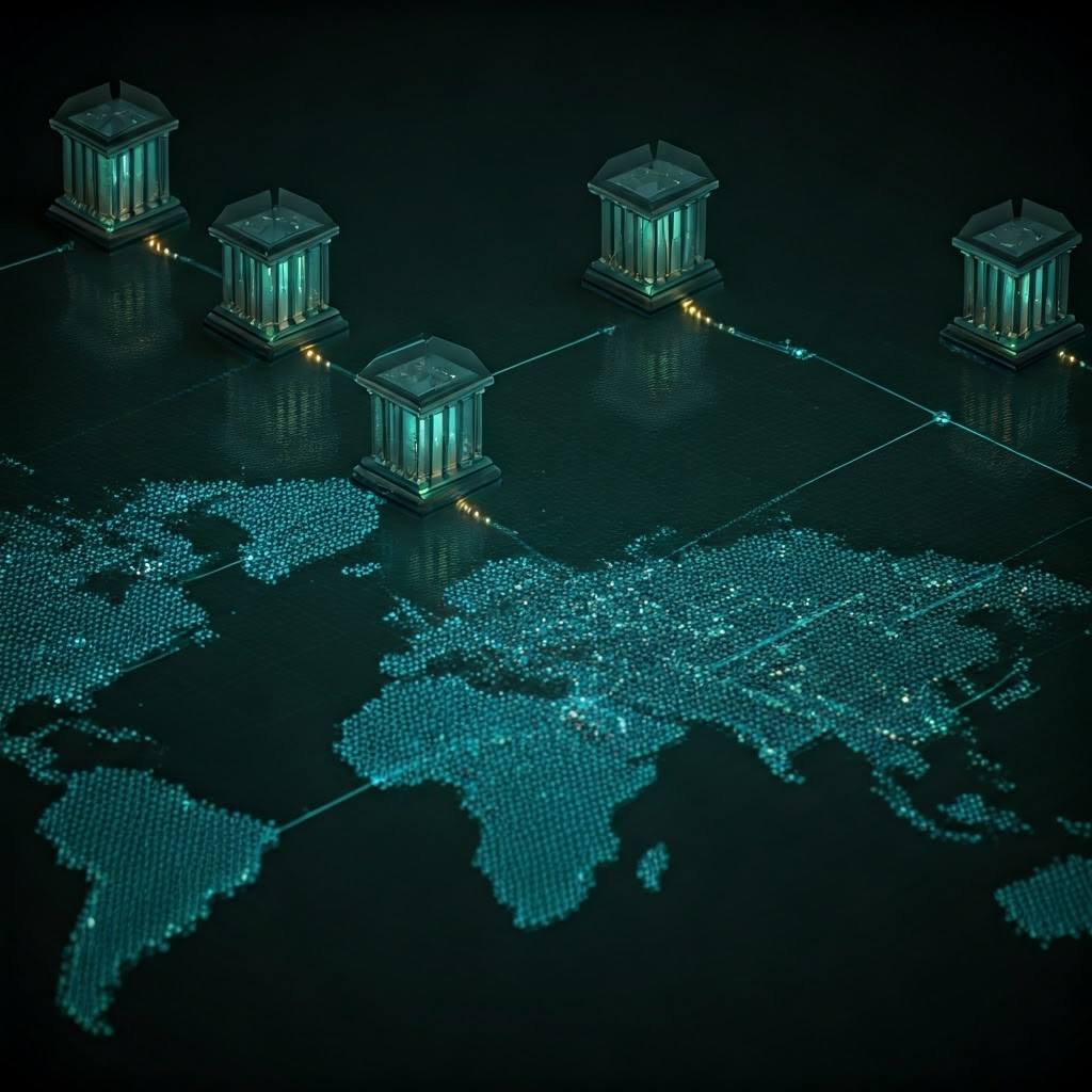 A global network of semi-transparent bank buildings linked by glowing data pipes, highlighting the many intermediaries in international transfers.