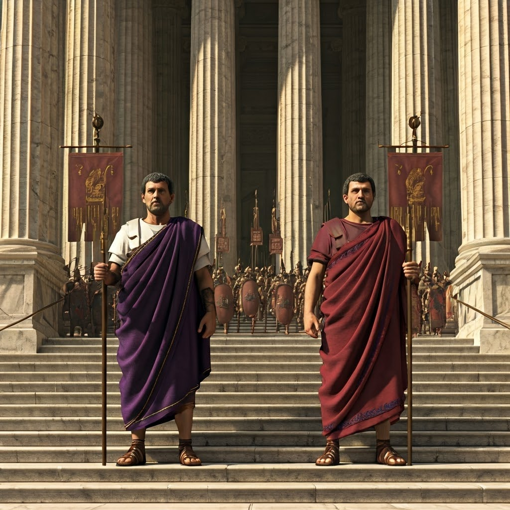 Two Roman consuls facing each other on a marble staircase, highlighting joint leadership